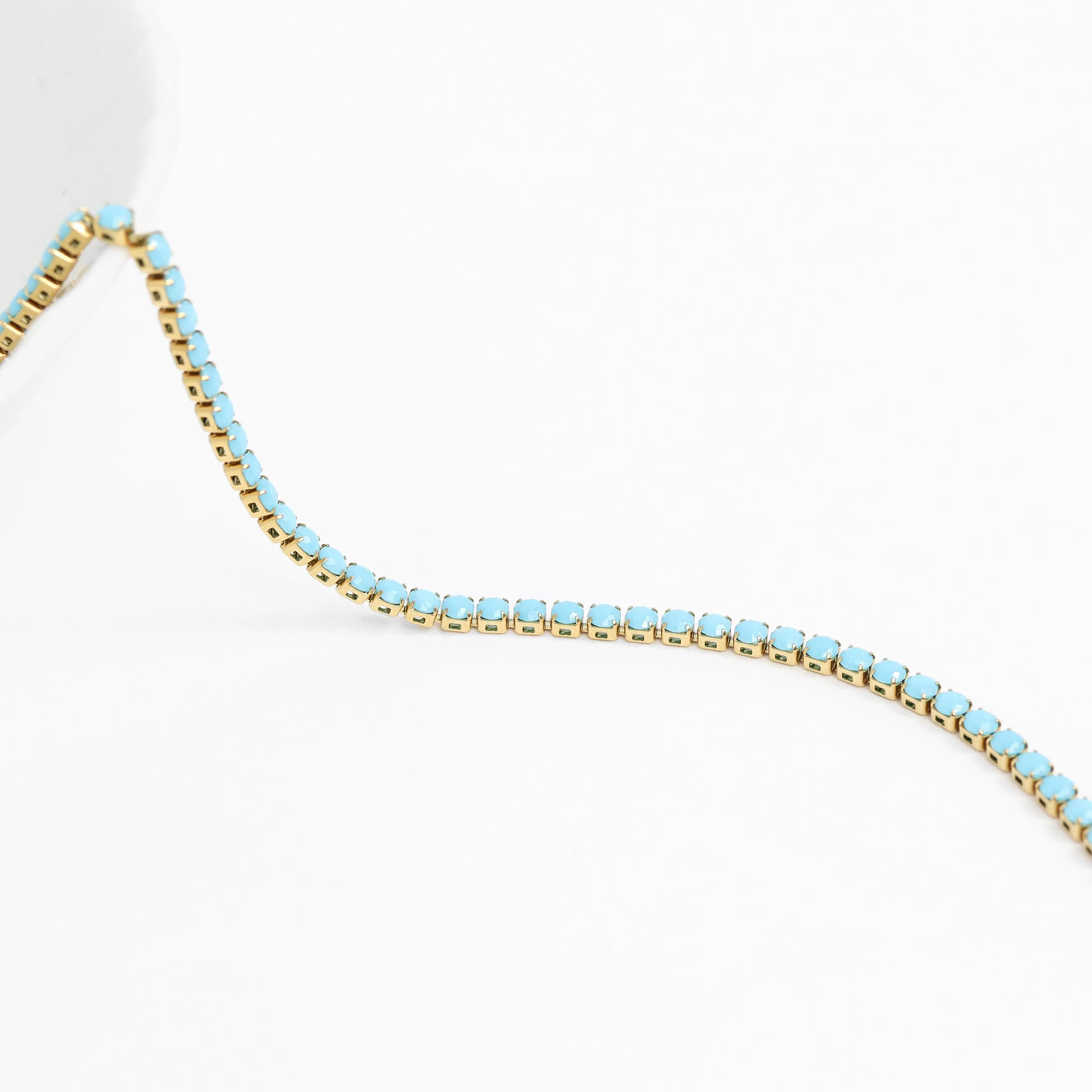 18k Gold PVD Coated Stainless Steel Turquoise Rhinestone Tennis Chain Bracelet With 1" Extension / TBR0006
