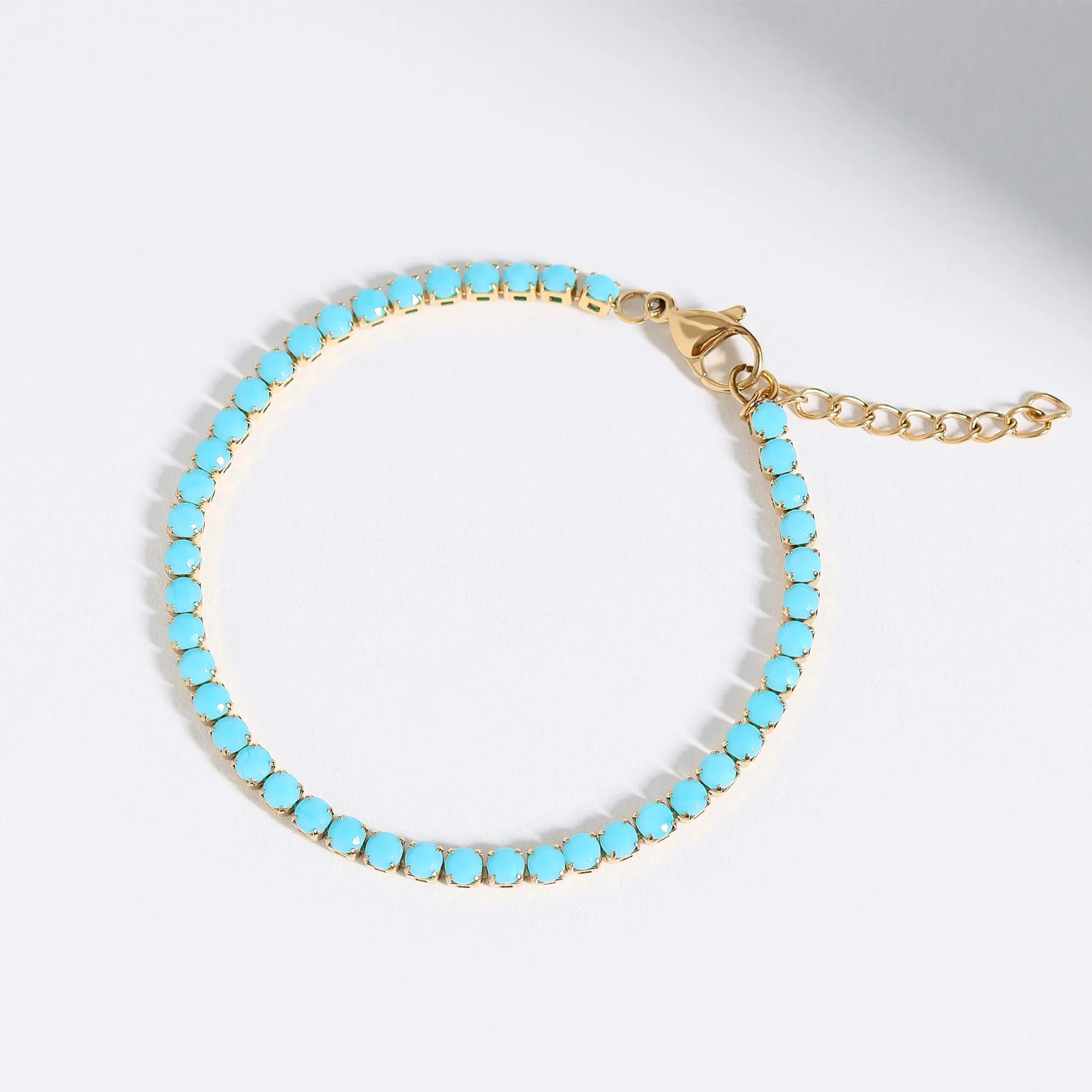 18k Gold PVD Coated Stainless Steel Turquoise Rhinestone Tennis Chain Bracelet With 1" Extension / TBR0006
