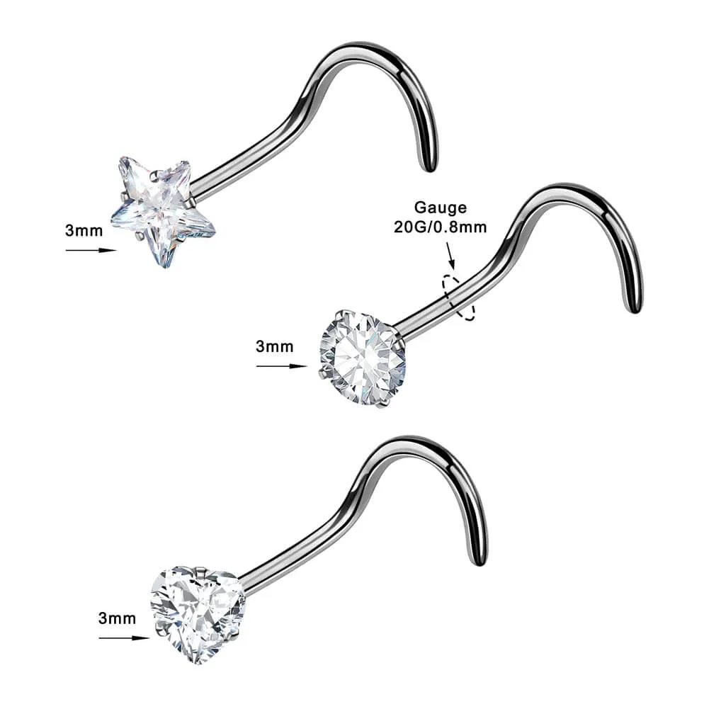 20G 3PCS Titanium Nose Screw CZ Stud Pack