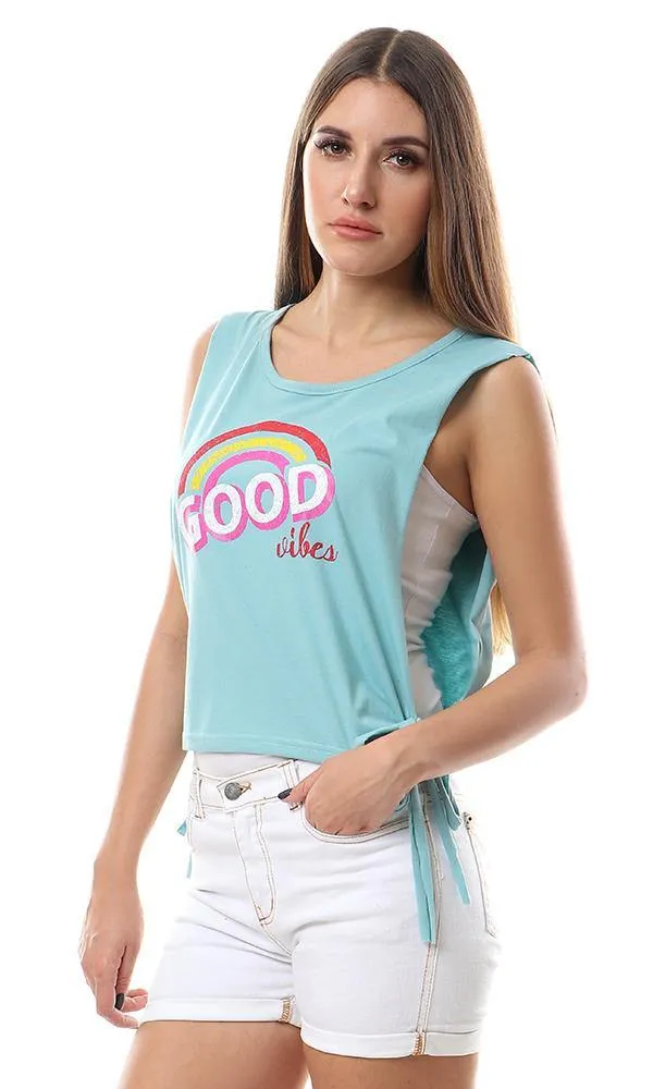 57707 Open Sides Slits Printed Sleeveles Light Seaforam Top