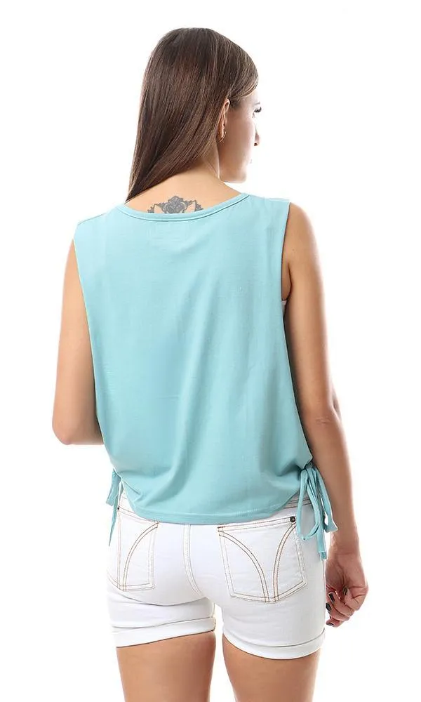 57707 Open Sides Slits Printed Sleeveles Light Seaforam Top