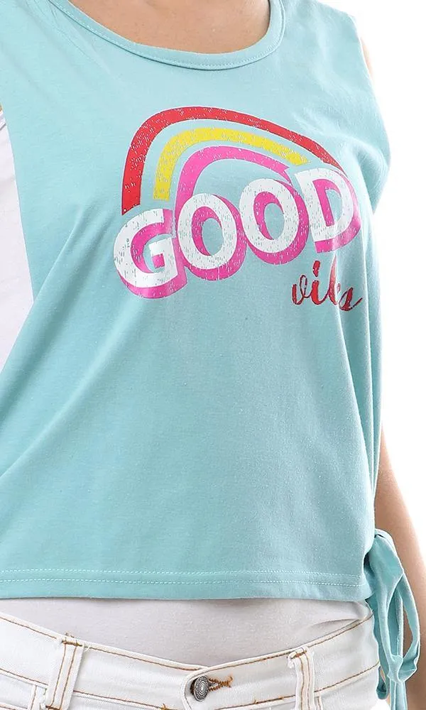 57707 Open Sides Slits Printed Sleeveles Light Seaforam Top