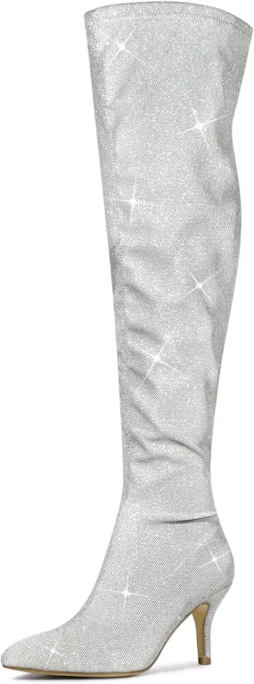 Allegra K Women's Glitter Pointed Toe Stiletto Heels Over the Knee High Boots