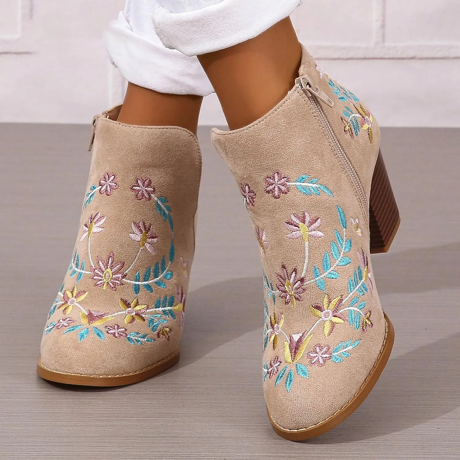 Ankle Boots for Women Chunky High Heel V Cut Booties Side Zipper Embroidery Fashion Dressy Boots Fall Winter Shoes
