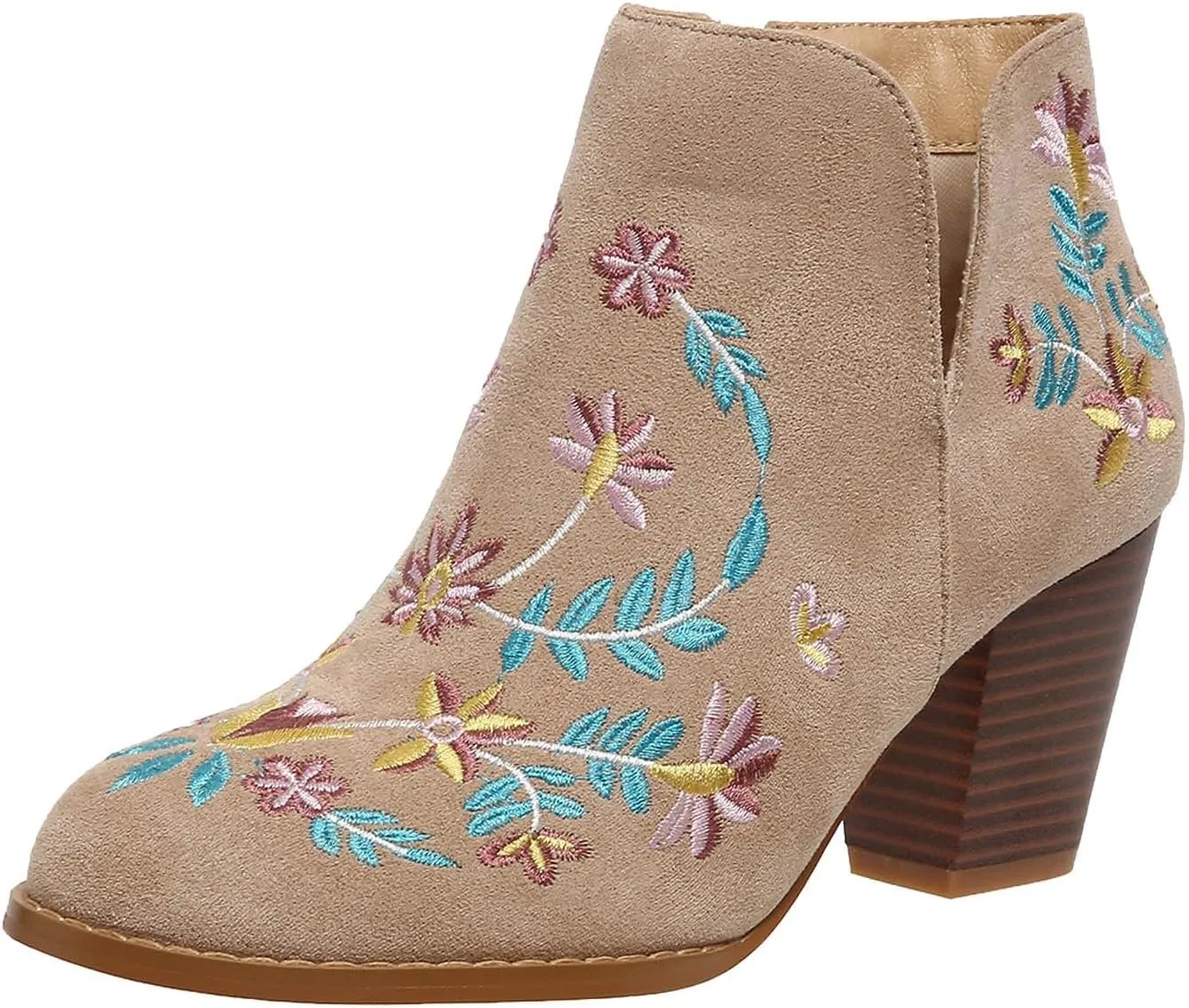 Ankle Boots for Women Chunky High Heel V Cut Booties Side Zipper Embroidery Fashion Dressy Boots Fall Winter Shoes