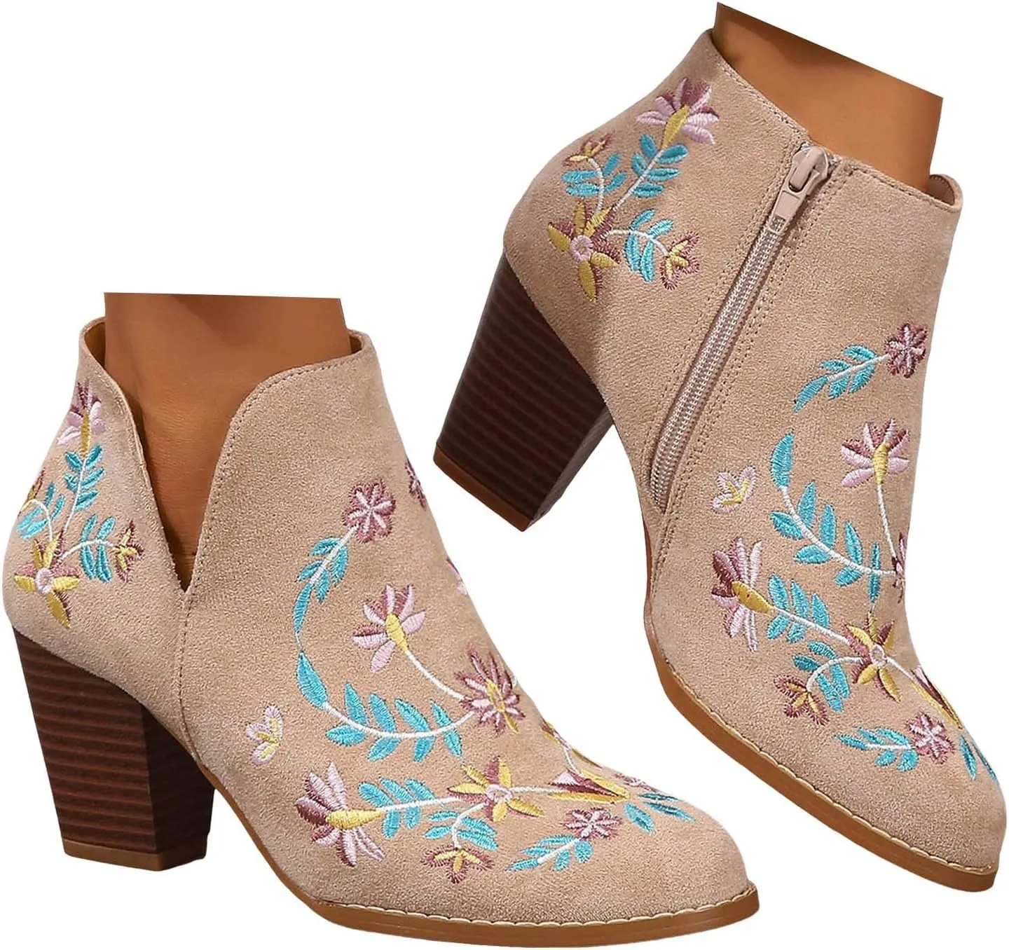 Ankle Boots for Women Chunky High Heel V Cut Booties Side Zipper Embroidery Fashion Dressy Boots Fall Winter Shoes