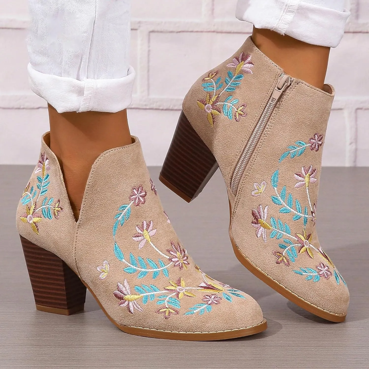 Ankle Boots for Women Chunky High Heel V Cut Booties Side Zipper Embroidery Fashion Dressy Boots Fall Winter Shoes