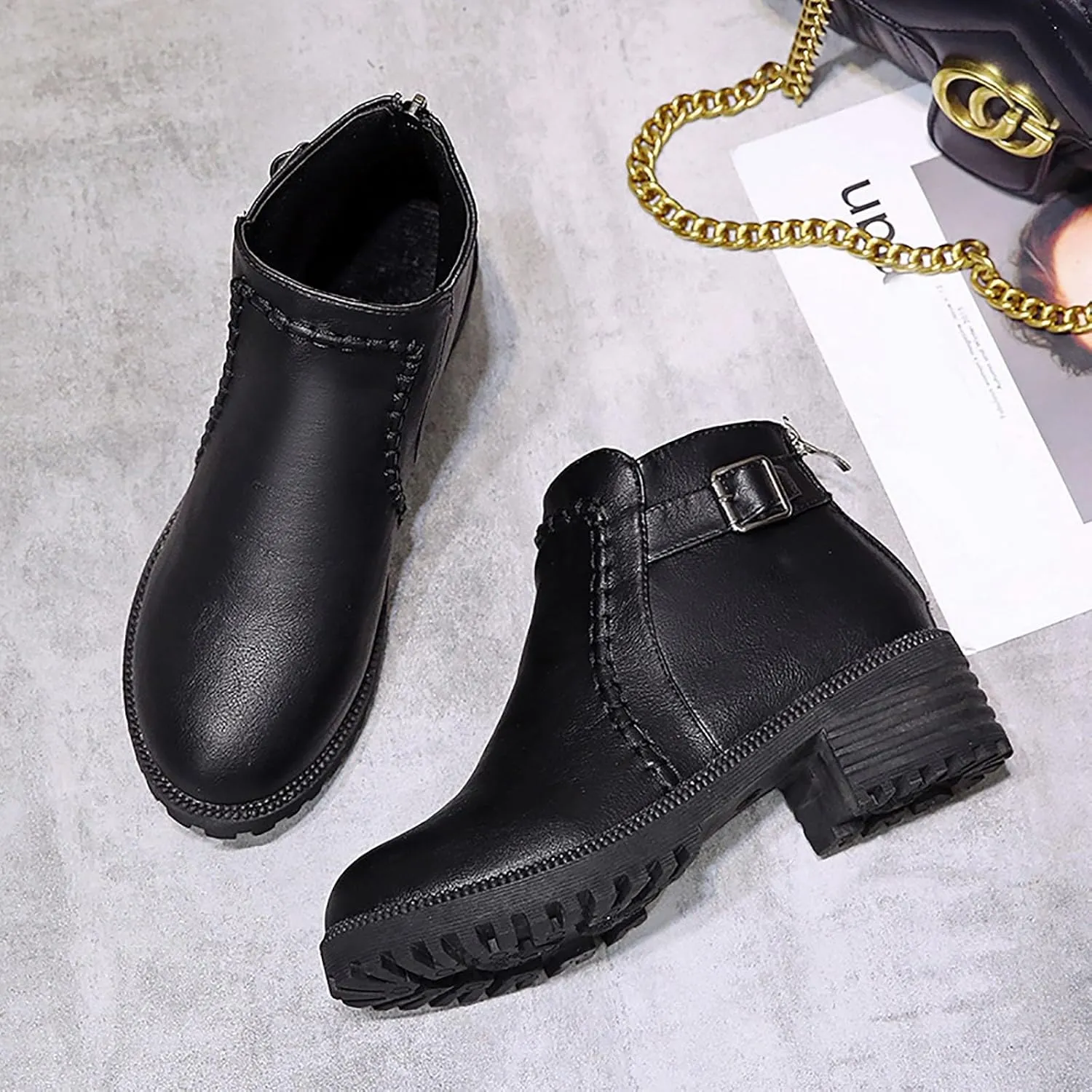Ankle Boots for Women Fall Boots for Women 2024 Low Heel Boots Short Boots Round Toe Mid Heel Belt Buckle Booties