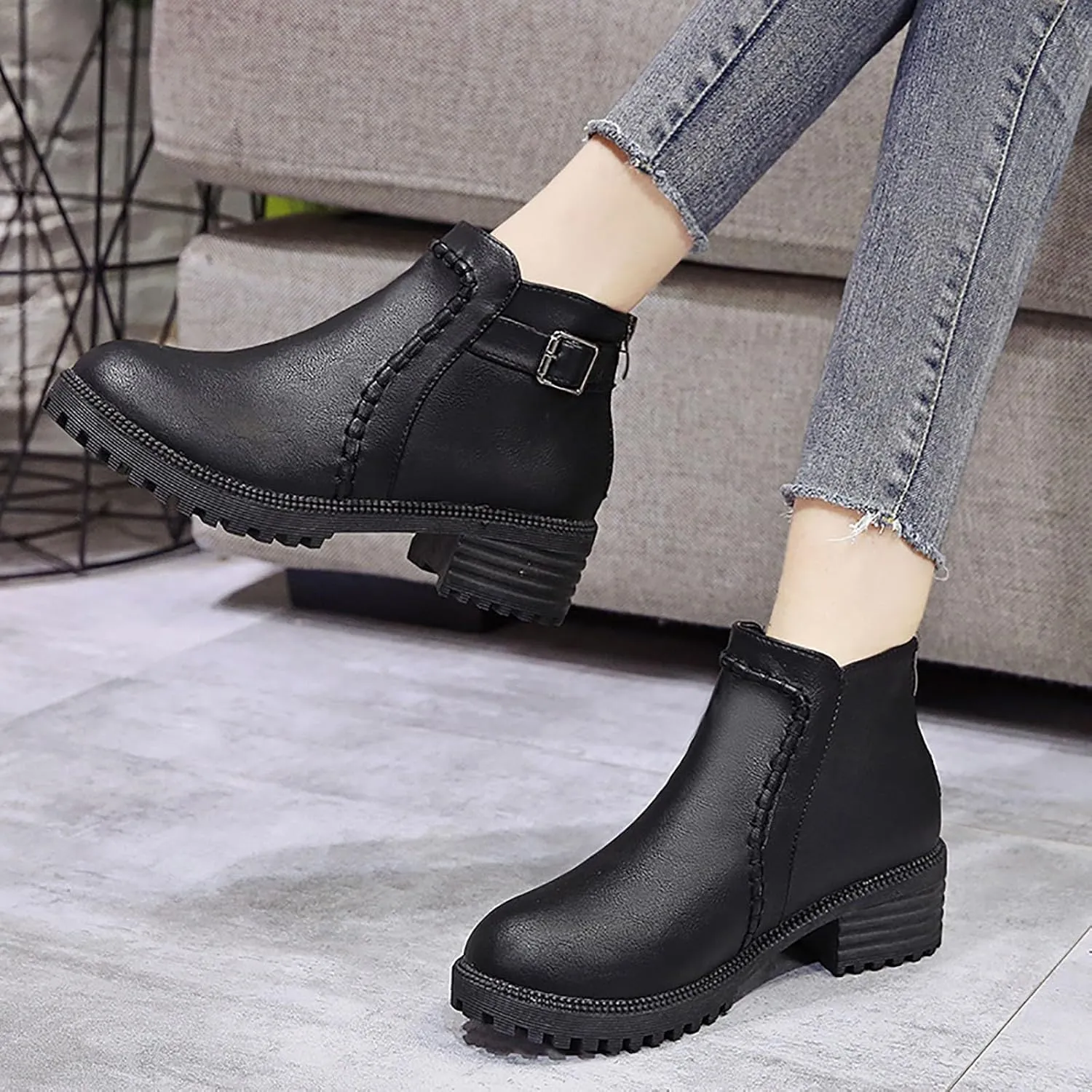 Ankle Boots for Women Fall Boots for Women 2024 Low Heel Boots Short Boots Round Toe Mid Heel Belt Buckle Booties
