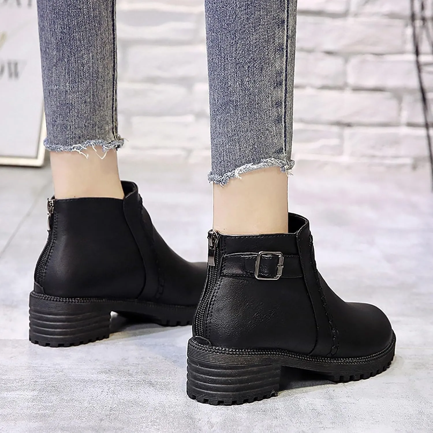 Ankle Boots for Women Fall Boots for Women 2024 Low Heel Boots Short Boots Round Toe Mid Heel Belt Buckle Booties