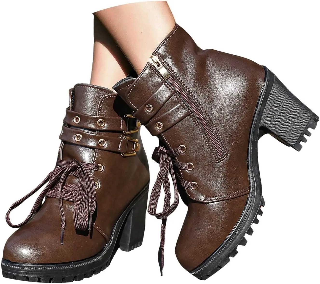 Ankle Boots for Women, Leather Side Zipper Lace Up Combat Ankle Boots Winter Riding Boots High Chunky Block Heel Boots