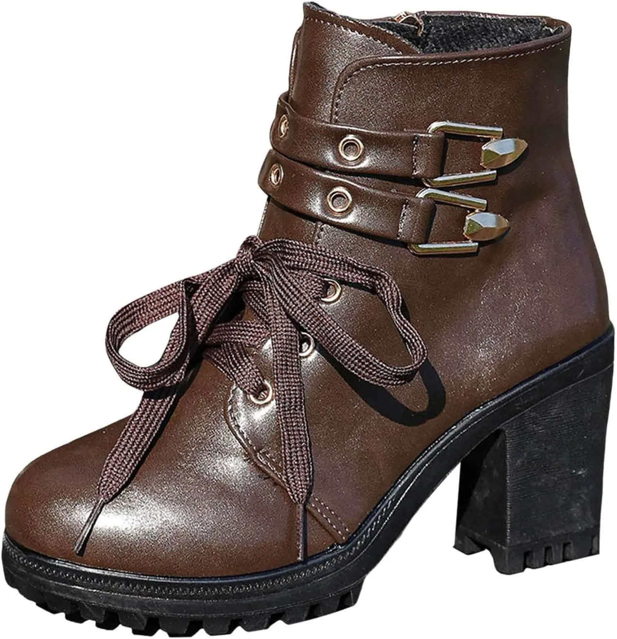 Ankle Boots for Women, Leather Side Zipper Lace Up Combat Ankle Boots Winter Riding Boots High Chunky Block Heel Boots
