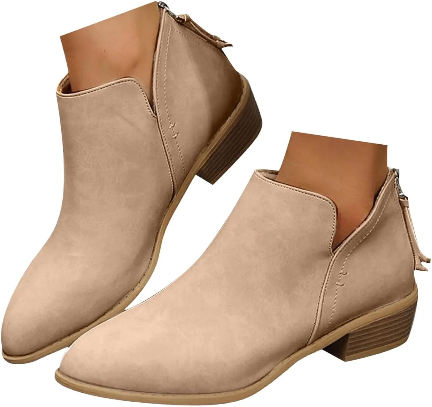 Ankle Boots for Women Low Chunky Heel Chelsea Booties with Side Split Detail and Back Zippers with Tassel Short Boots Booties