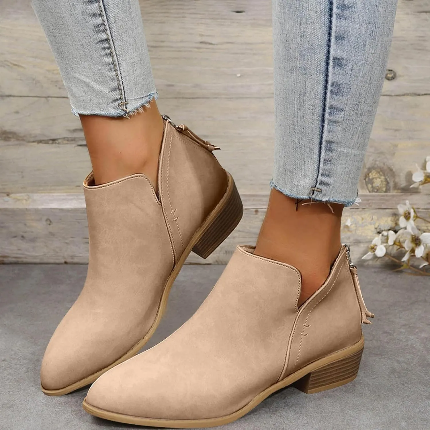 Ankle Boots for Women Low Chunky Heel Chelsea Booties with Side Split Detail and Back Zippers with Tassel Short Boots Booties