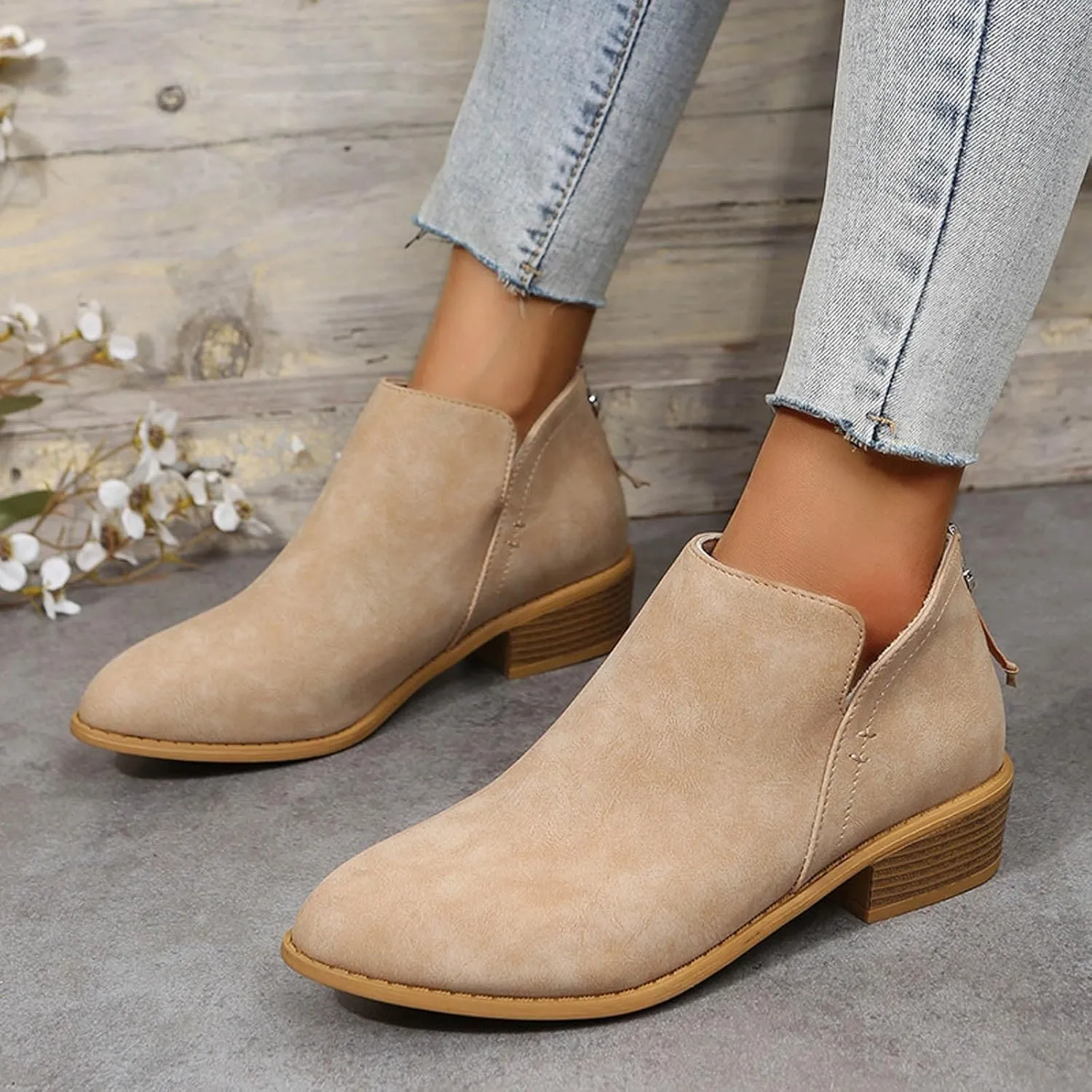 Ankle Boots for Women Low Chunky Heel Chelsea Booties with Side Split Detail and Back Zippers with Tassel Short Boots Booties