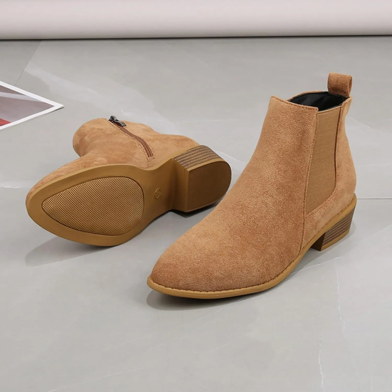 Ankle Boots for Women, Low Heel Dressy Fashion Pointed Toe Faux Stacked Chunky Block Heels Side Zipper Booties Shoes