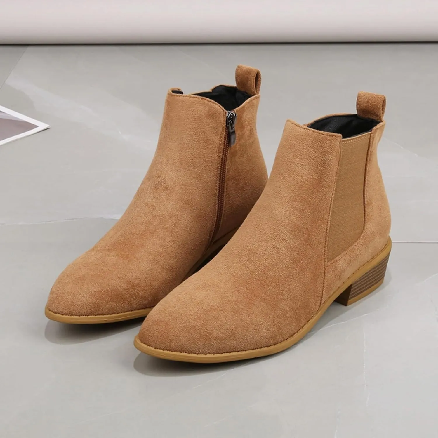 Ankle Boots for Women, Low Heel Dressy Fashion Pointed Toe Faux Stacked Chunky Block Heels Side Zipper Booties Shoes