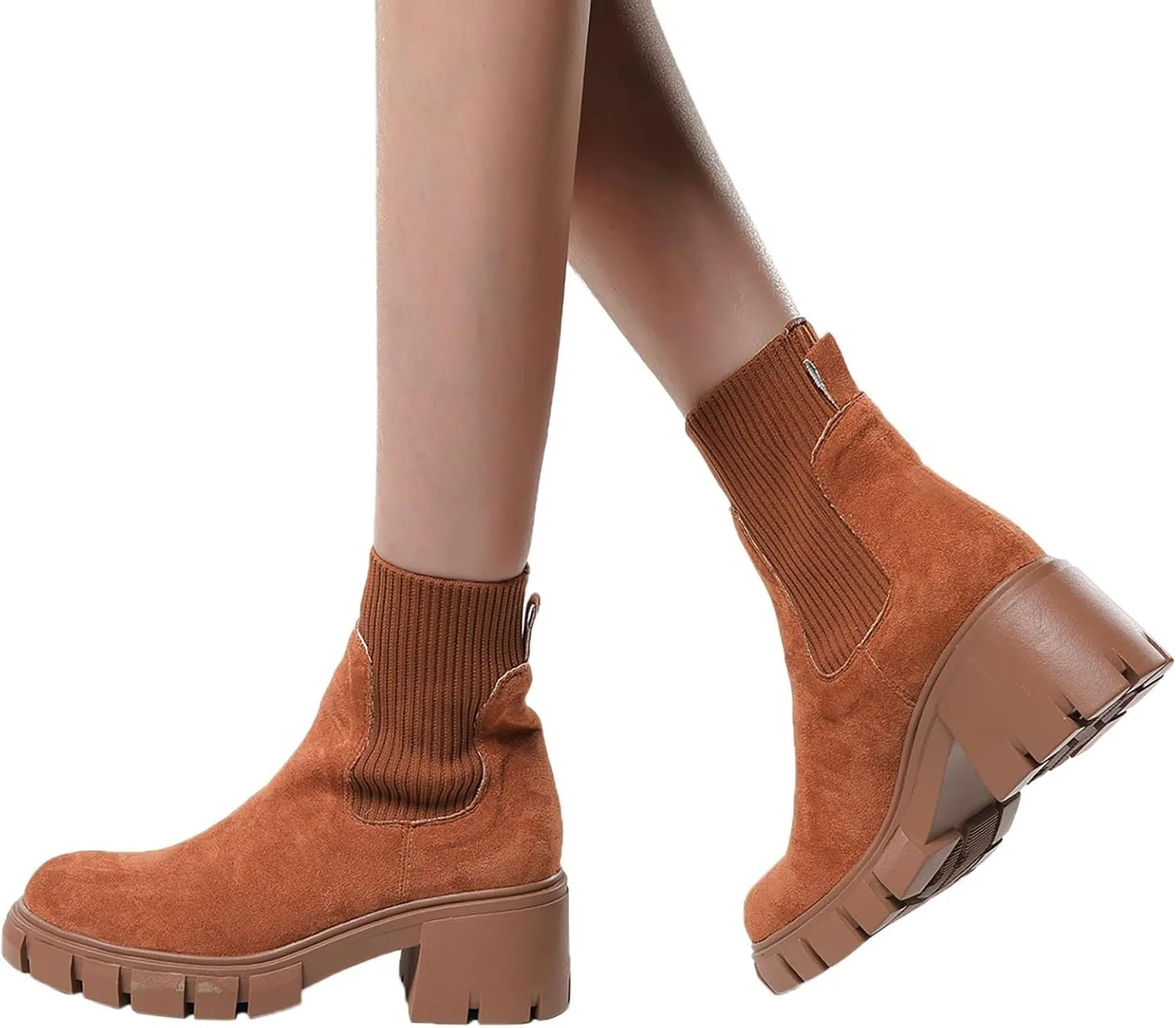 Ankle Boots for Women, Women's Fashion Platform Elastic Chelsea Boots Lug Sole Non-Slip Chunky Block Heel Combat Shoes