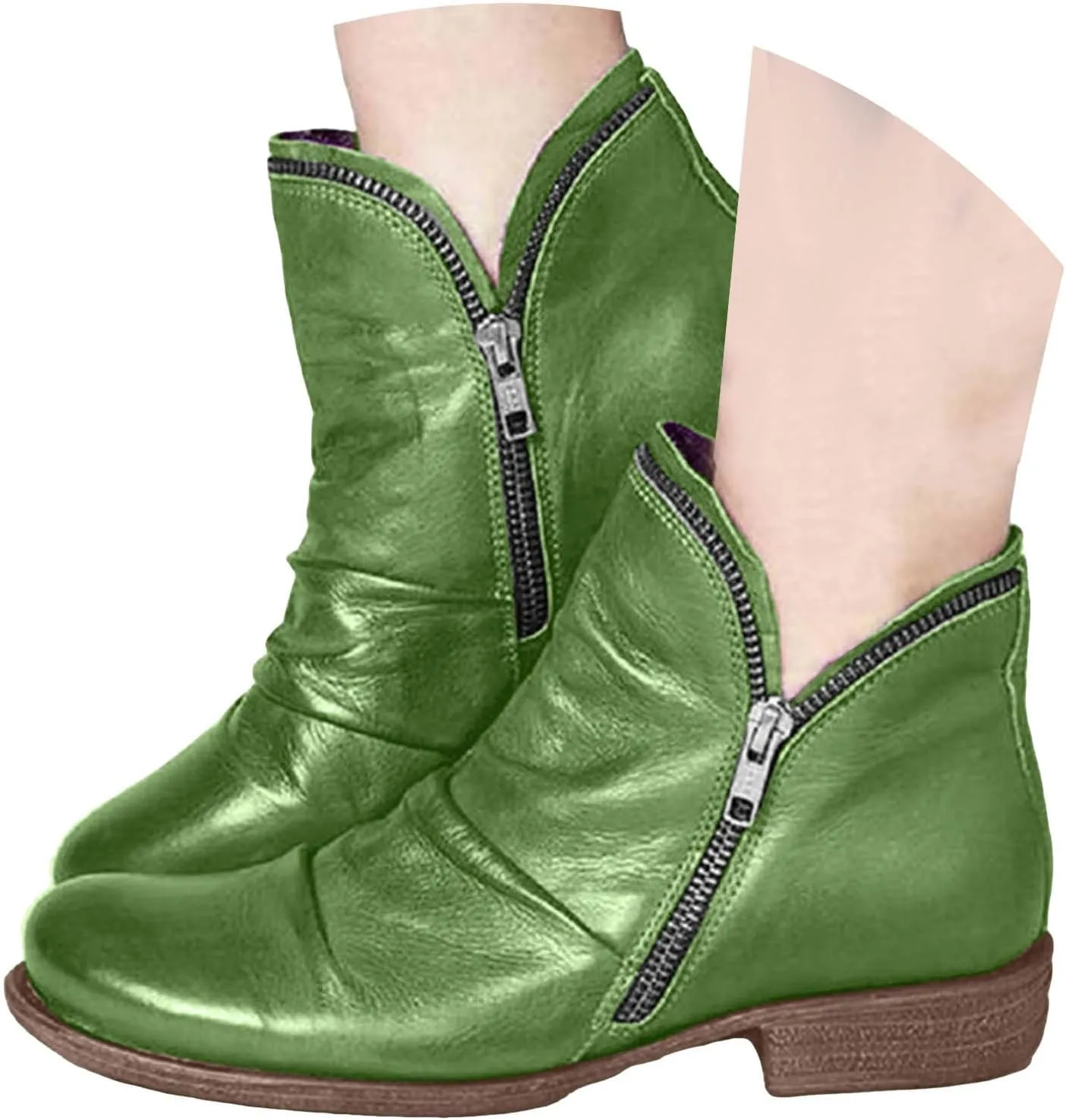 Ankle Boots for Women Women's Fashion Western Retro Side Zipper Riding Solid Heel Chunky Casual Vintage Short Boots V Cut Out