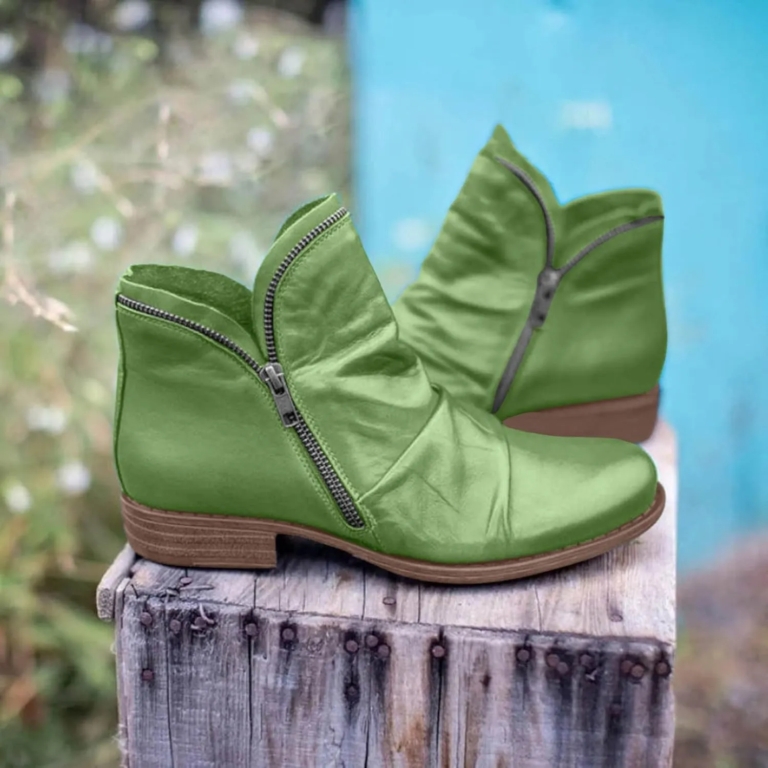 Ankle Boots for Women Women's Fashion Western Retro Side Zipper Riding Solid Heel Chunky Casual Vintage Short Boots V Cut Out