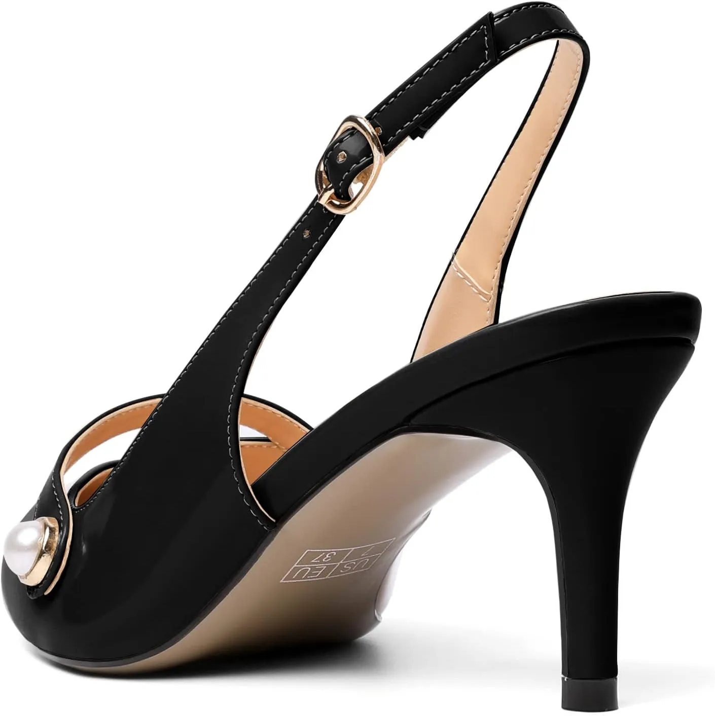 AUMOTED Women's Pointed Toe Stiletto Mid Heels Slingback Ankle Strap with Adjustable Buckle Perl Pumps Dress Shoes Party Wedding Patent 2.5 Inch