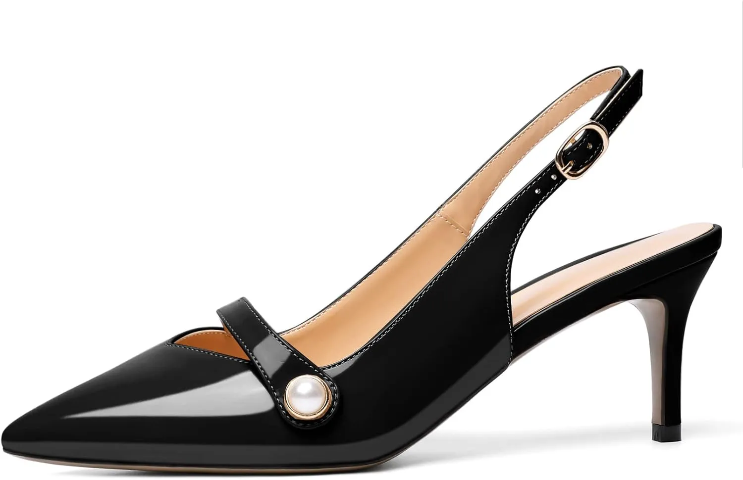 AUMOTED Women's Pointed Toe Stiletto Mid Heels Slingback Ankle Strap with Adjustable Buckle Perl Pumps Dress Shoes Party Wedding Patent 2.5 Inch