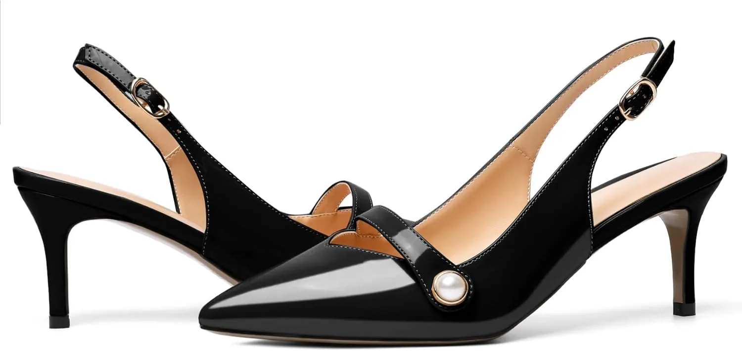 AUMOTED Women's Pointed Toe Stiletto Mid Heels Slingback Ankle Strap with Adjustable Buckle Perl Pumps Dress Shoes Party Wedding Patent 2.5 Inch