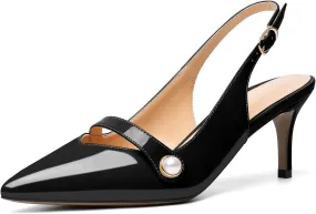 AUMOTED Women's Pointed Toe Stiletto Mid Heels Slingback Ankle Strap with Adjustable Buckle Perl Pumps Dress Shoes Party Wedding Patent 2.5 Inch