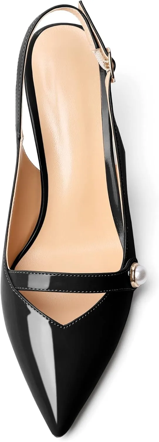 AUMOTED Women's Pointed Toe Stiletto Mid Heels Slingback Ankle Strap with Adjustable Buckle Perl Pumps Dress Shoes Party Wedding Patent 2.5 Inch