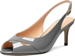 AUMOTED Womens Slingback Heels Peep Toe Stiletto Mid Heel Pumps Patent Leather Sexy Adjustable Strap Buckle Solid Dress Shoes 2.5 Inch