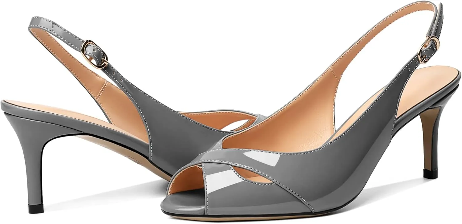 AUMOTED Womens Slingback Heels Peep Toe Stiletto Mid Heel Pumps Patent Leather Sexy Adjustable Strap Buckle Solid Dress Shoes 2.5 Inch
