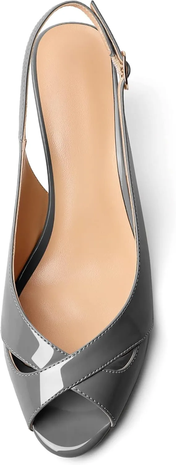 AUMOTED Womens Slingback Heels Peep Toe Stiletto Mid Heel Pumps Patent Leather Sexy Adjustable Strap Buckle Solid Dress Shoes 2.5 Inch