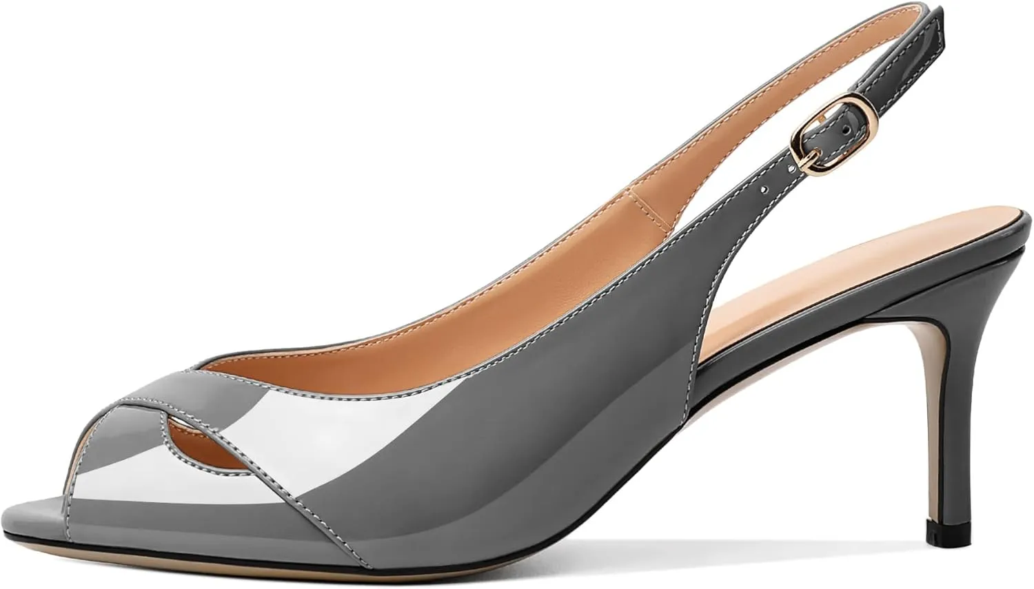 AUMOTED Womens Slingback Heels Peep Toe Stiletto Mid Heel Pumps Patent Leather Sexy Adjustable Strap Buckle Solid Dress Shoes 2.5 Inch