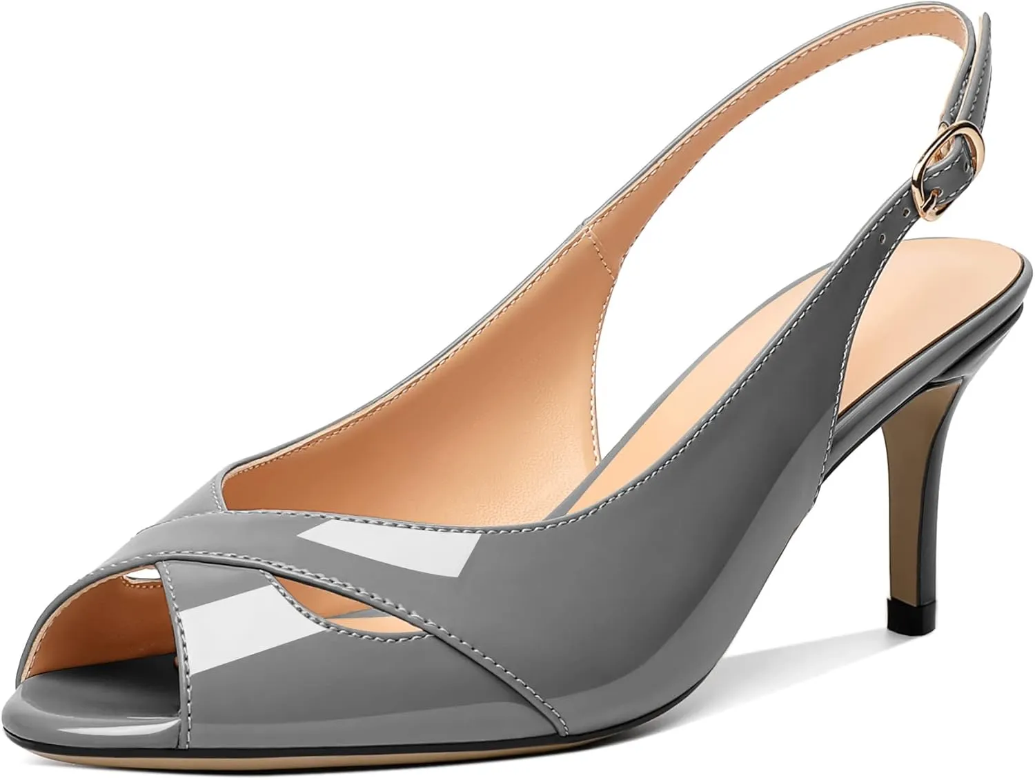 AUMOTED Womens Slingback Heels Peep Toe Stiletto Mid Heel Pumps Patent Leather Sexy Adjustable Strap Buckle Solid Dress Shoes 2.5 Inch