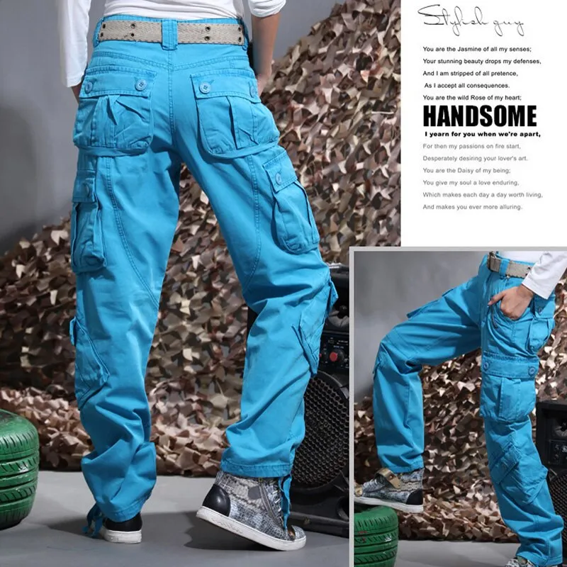 Autumn Winter Unisex Blue Many Pockets Cargo Pants Joggers Trousers