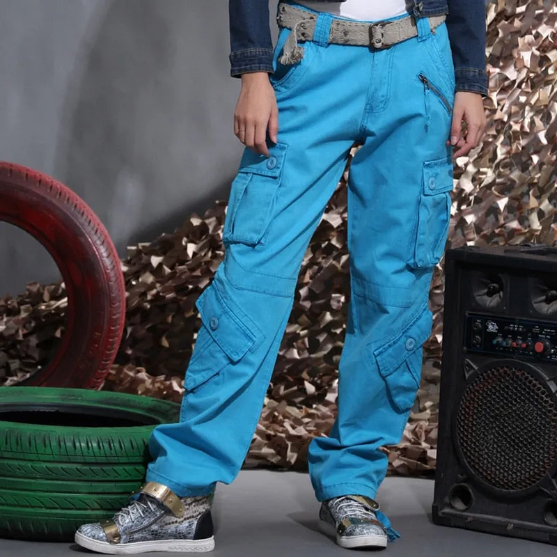 Autumn Winter Unisex Blue Many Pockets Cargo Pants Joggers Trousers