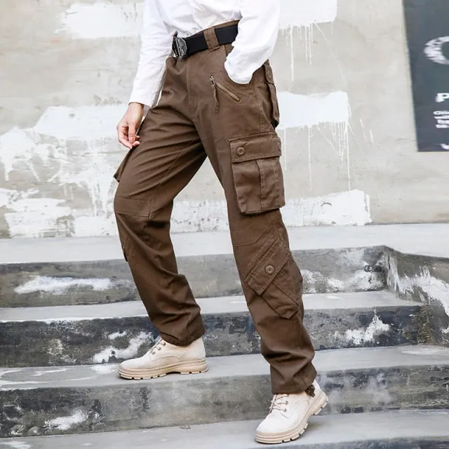 Autumn Winter Unisex Blue Many Pockets Cargo Pants Joggers Trousers