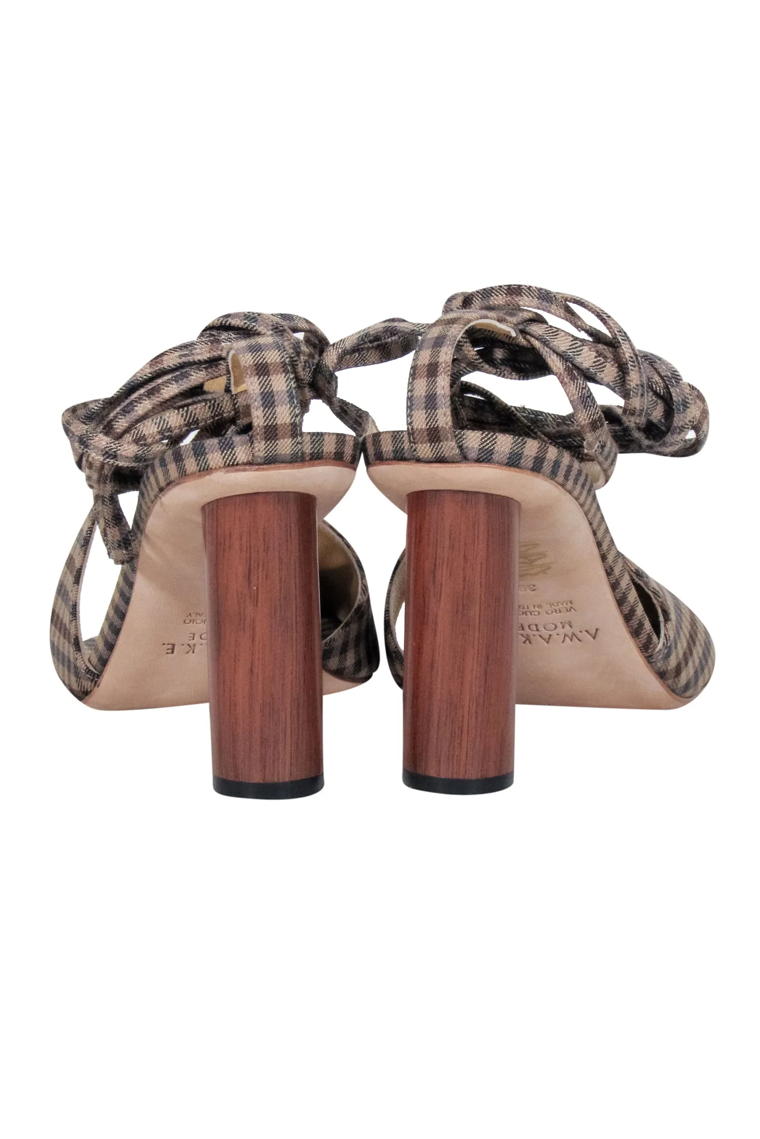 A.W.A.K.E. Mode - Brown & Beige Gingham Asymmetric Open-Toe Heels Sz 8