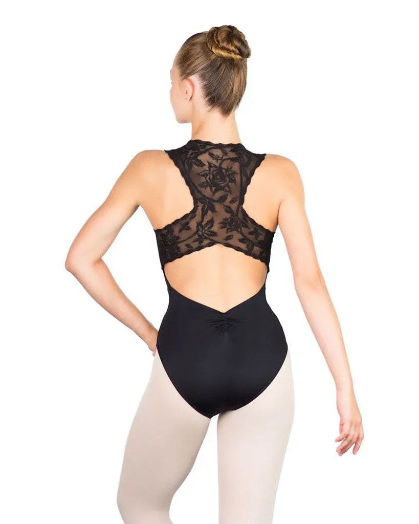 Ballet Rosa Ginger Zip Front Embroidered Lace Pinch Low Back Sleeveless Leotard - Womens