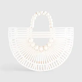 Bamboo Tote with bead handle - Handcrafted Basket Bag for Women. White