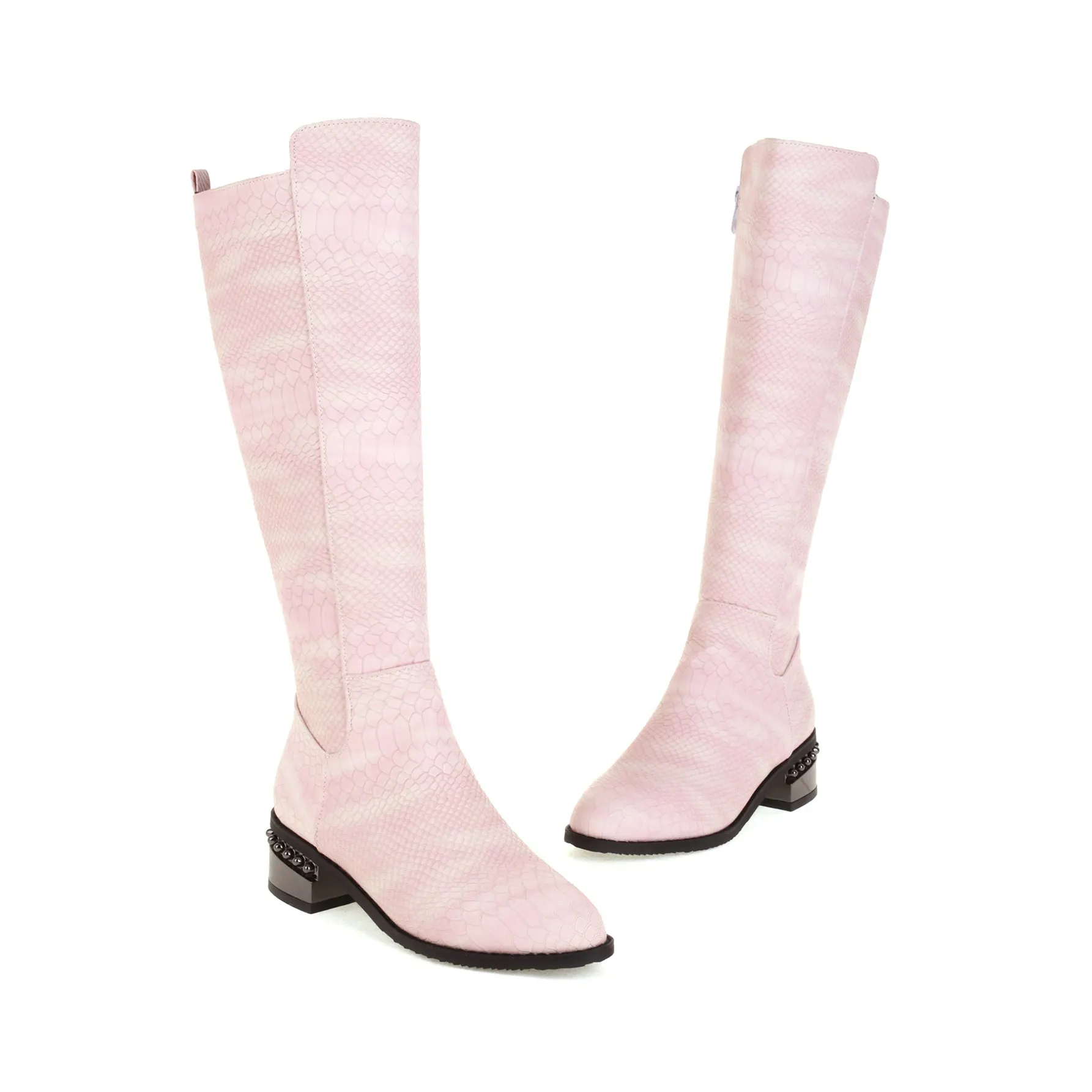 Bigsizeheels Simple solid color round toe over-the-knee boots-Pink