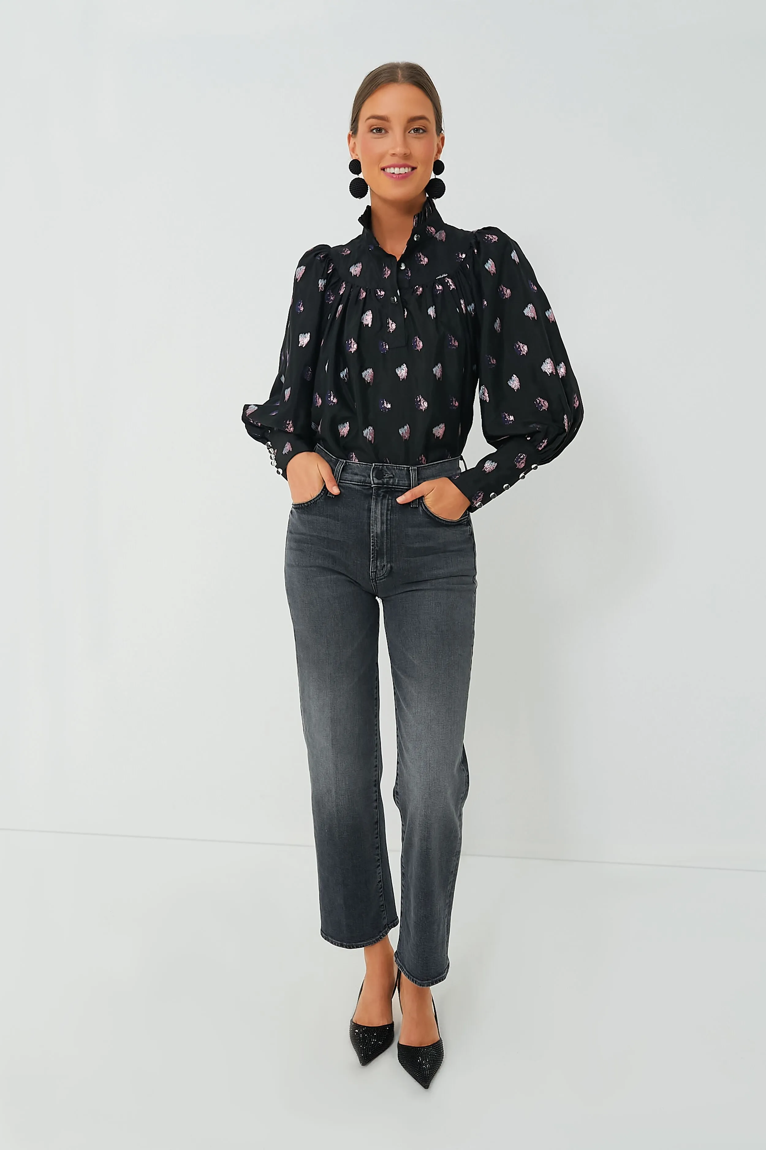 Black and Blurred Dot Fil Coupe Corrigan Blouse