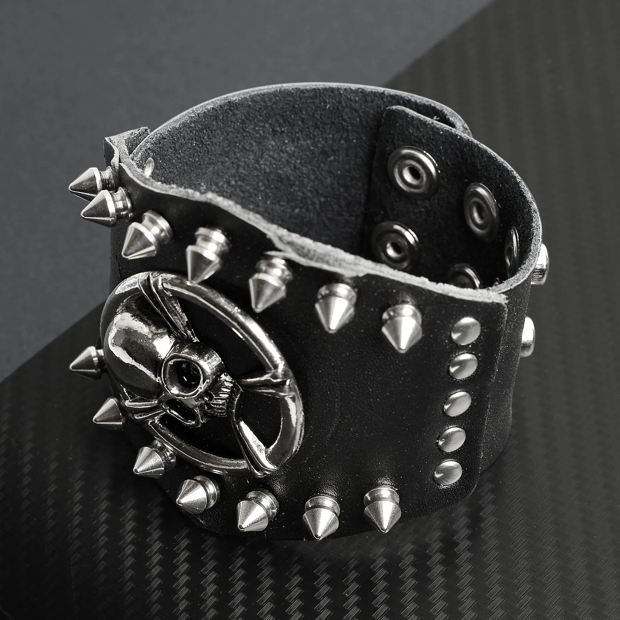 Black Leather Stainless Steel Skull And Crossbones Studded Bracelet / LBJ12414
