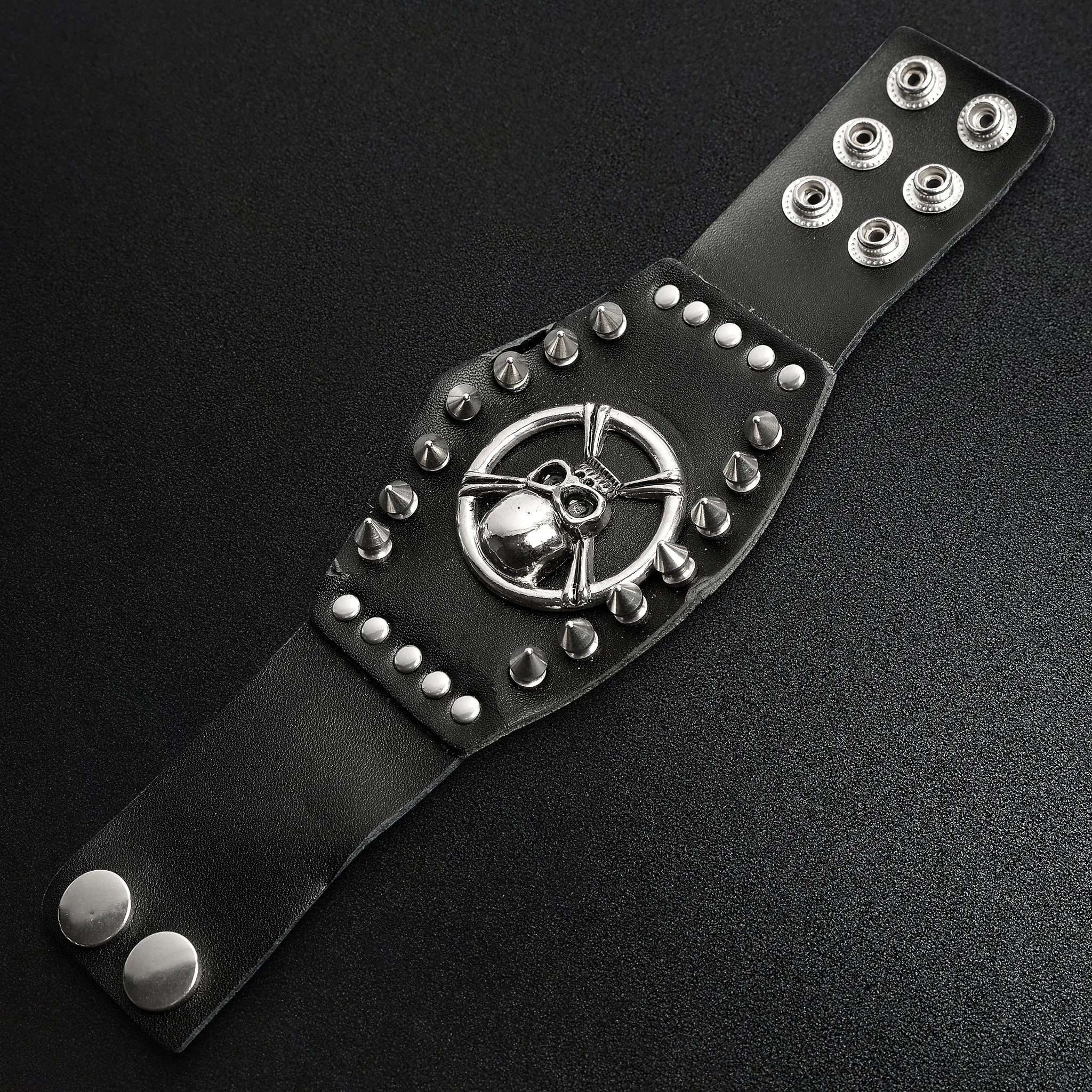 Black Leather Stainless Steel Skull And Crossbones Studded Bracelet / LBJ12414