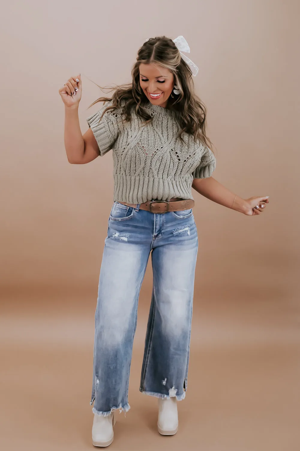 BY TOGETHER: Cali Crochet Top Sweater, Olive