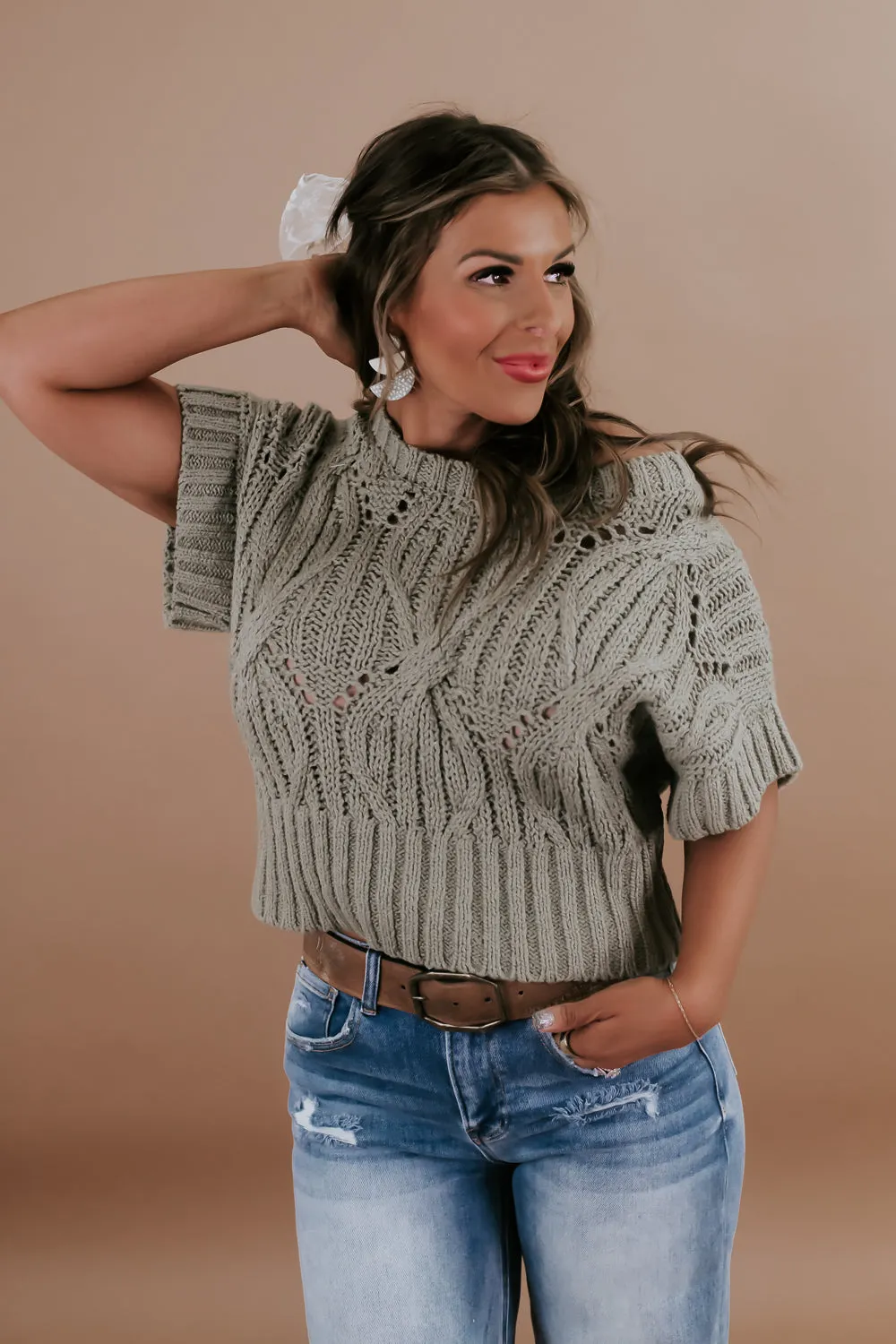 BY TOGETHER: Cali Crochet Top Sweater, Olive