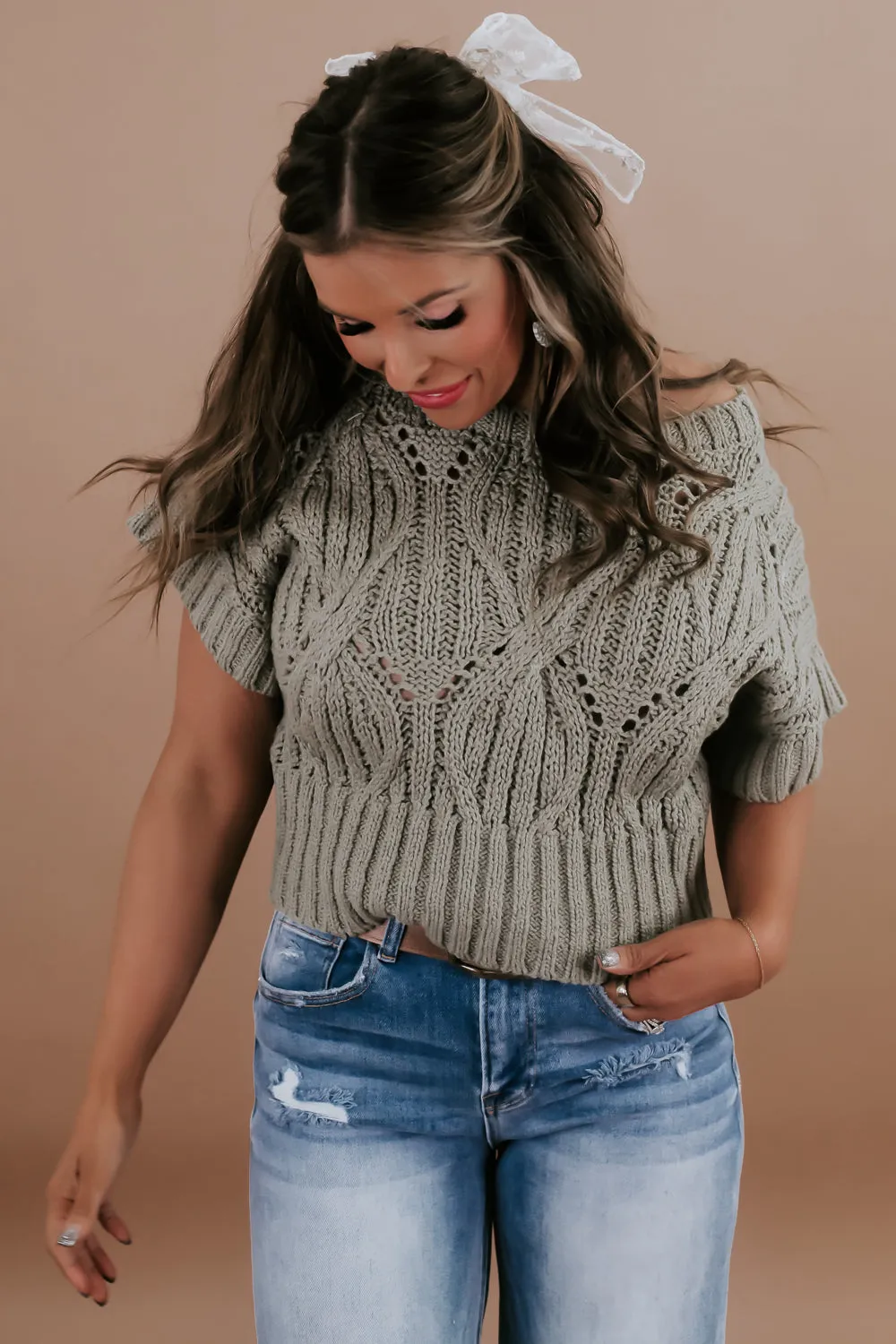 BY TOGETHER: Cali Crochet Top Sweater, Olive