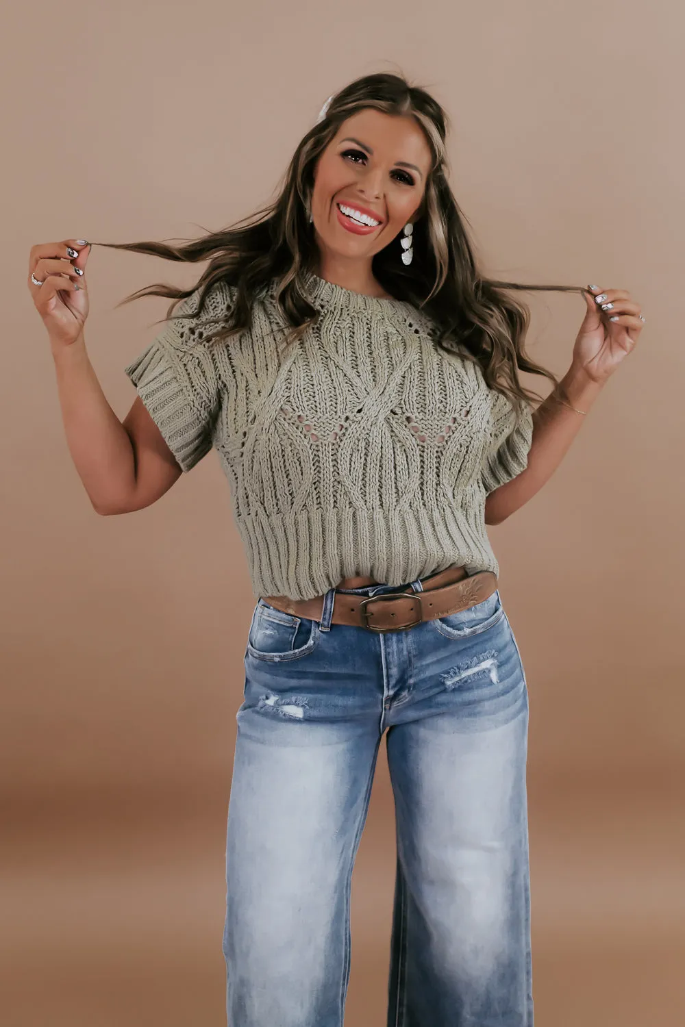 BY TOGETHER: Cali Crochet Top Sweater, Olive