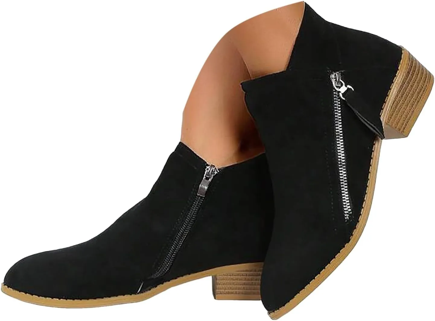 Cathalem Ankle Boots for Women Ankle Booties Vintage Slip on Round Toe Side Zipper Chunky Block Mid Heel Booties Ladies Shoes