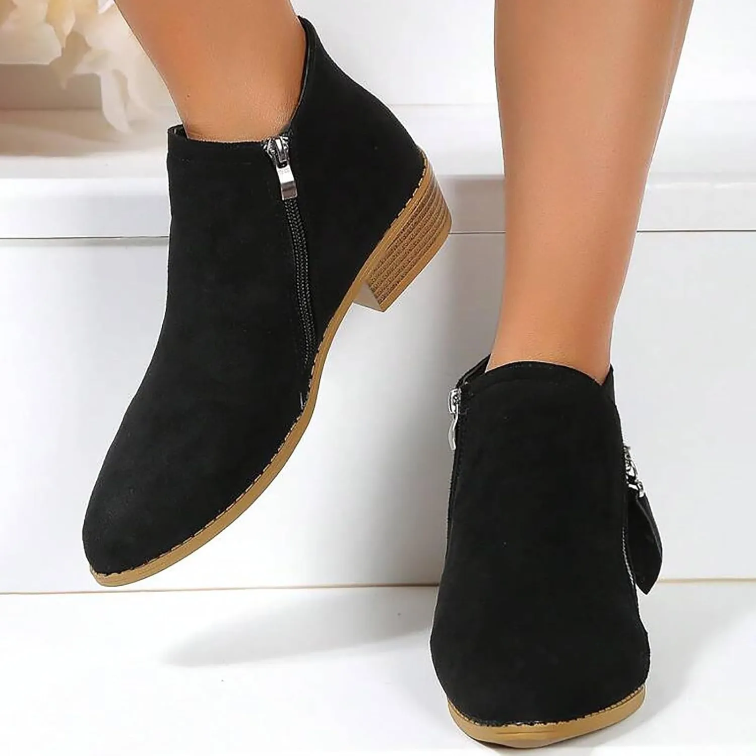 Cathalem Ankle Boots for Women Ankle Booties Vintage Slip on Round Toe Side Zipper Chunky Block Mid Heel Booties Ladies Shoes